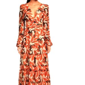 NWT Size 10 Gianni BiniLillian Copper Palm Print Long Sleeve Deep V-Neck Cut-Out